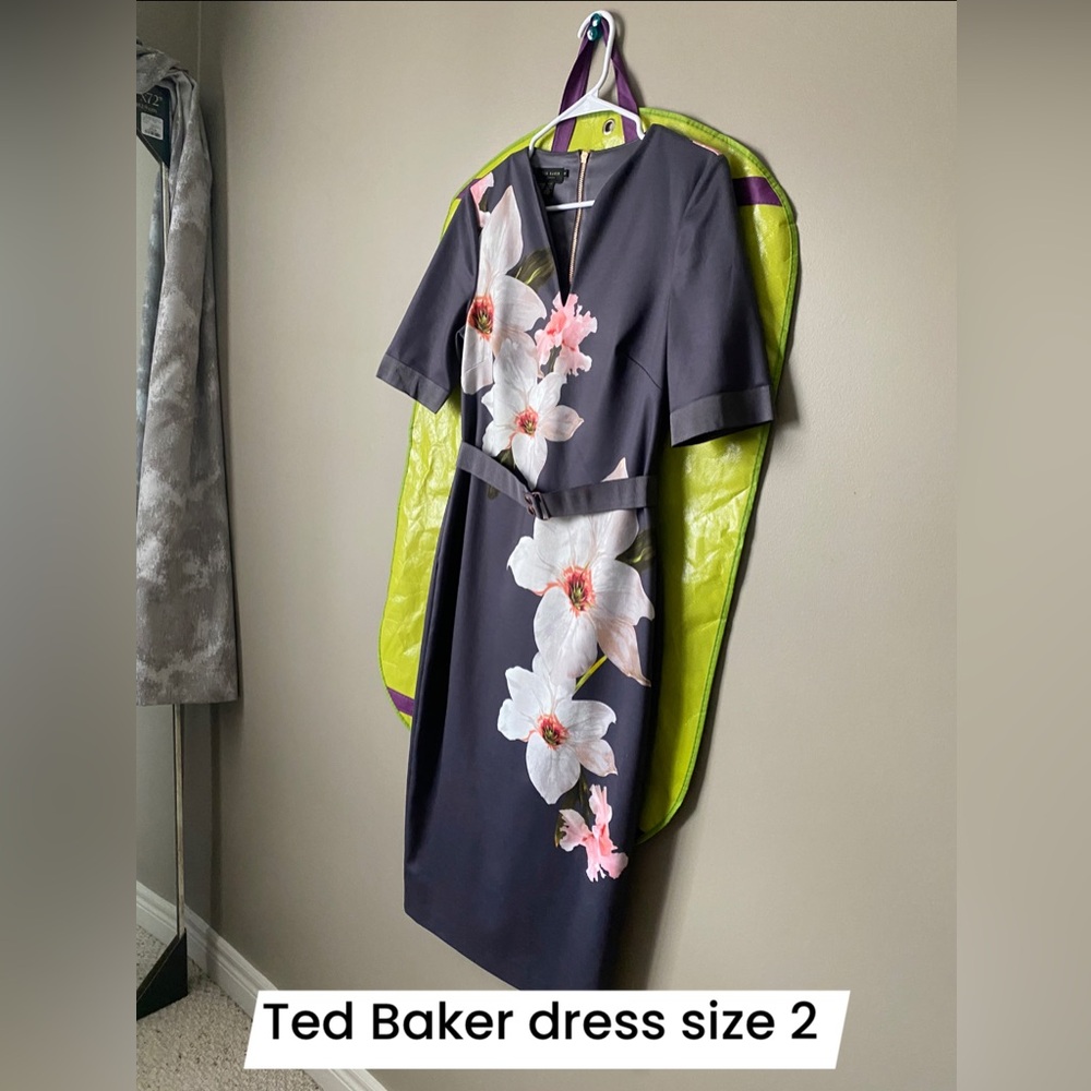 Ted Baker Grey Midi Dress with Pink & White Floral Panel size 2